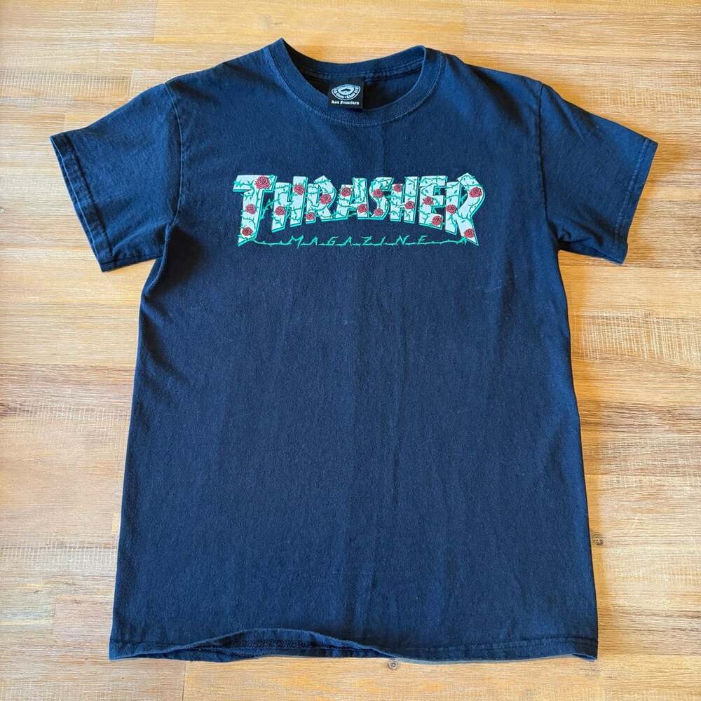 Thrasher Magazine Roses Graphic T Shirt Black Skate Die San Francisco Men Size S